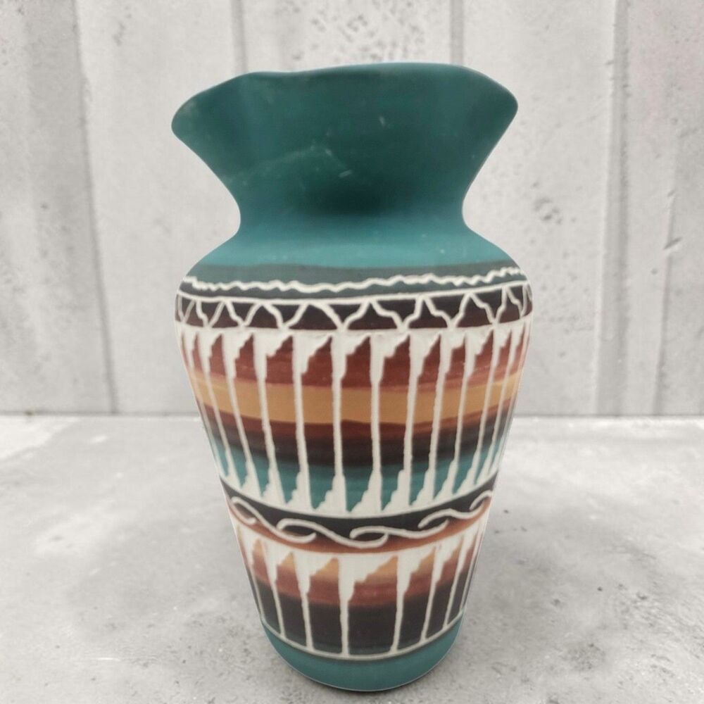 Vintage Gallup Dine Native American Pottery Vase Turquoise Earth Tones 4.75 x 3